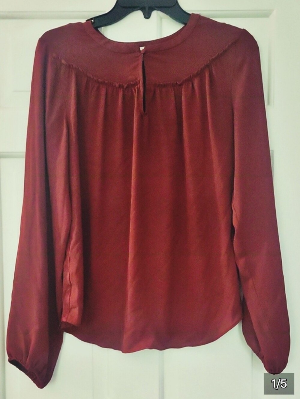 LOFT Burgundy Long-Sleeve Gathered Yoke Blouse